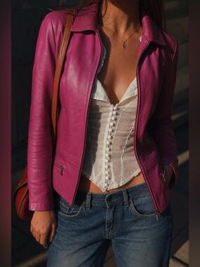 Georgiou Studio Leather Jacket Fuchsia Pink 100% Leather Fitted Moto-Inspired Ja